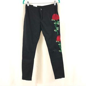 Womens Skinny Jeans Embroidered Roses Distressed L